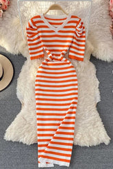 Robe longue élégante en tricot à rayures et manches bouffantes pour femme